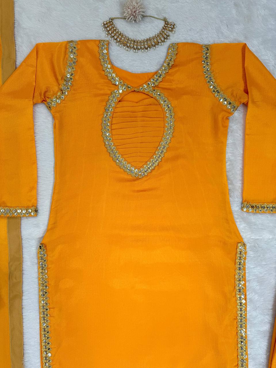 Mustard Elegant Chinon Silk Suit Set