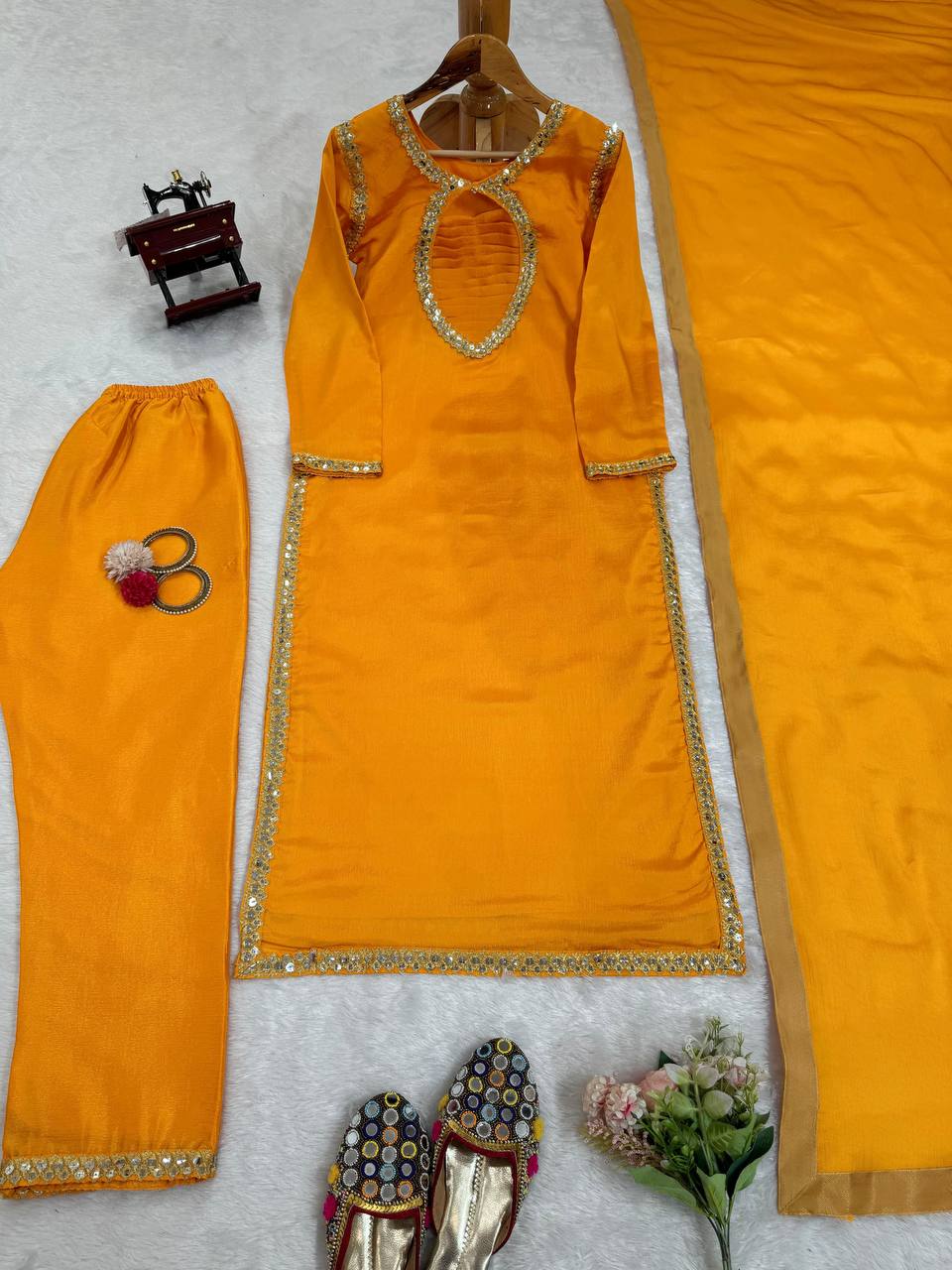 Mustard Elegant Chinon Silk Suit Set