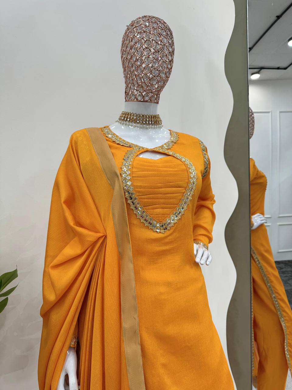 Mustard Elegant Chinon Silk Suit Set