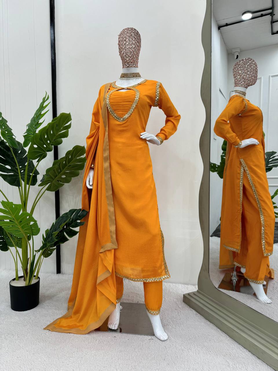 Mustard Elegant Chinon Silk Suit Set