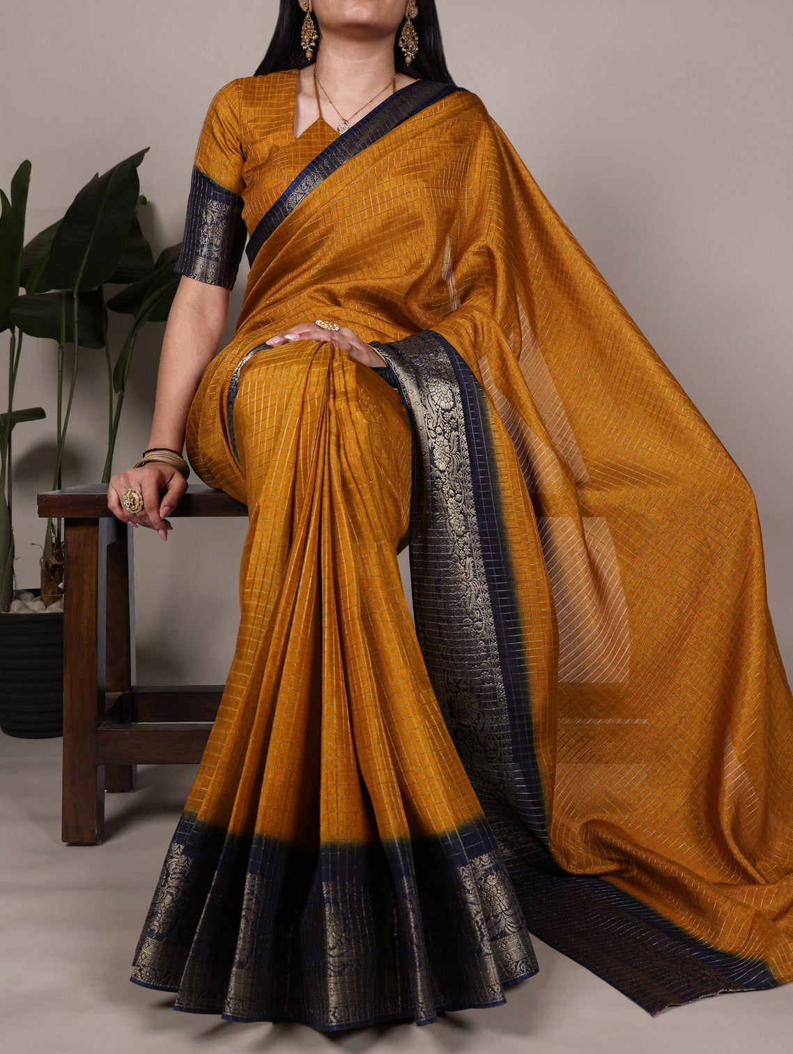 Mustard Elegant Dola Chex Saree with Zari Weaving & Matching Blouse Piece