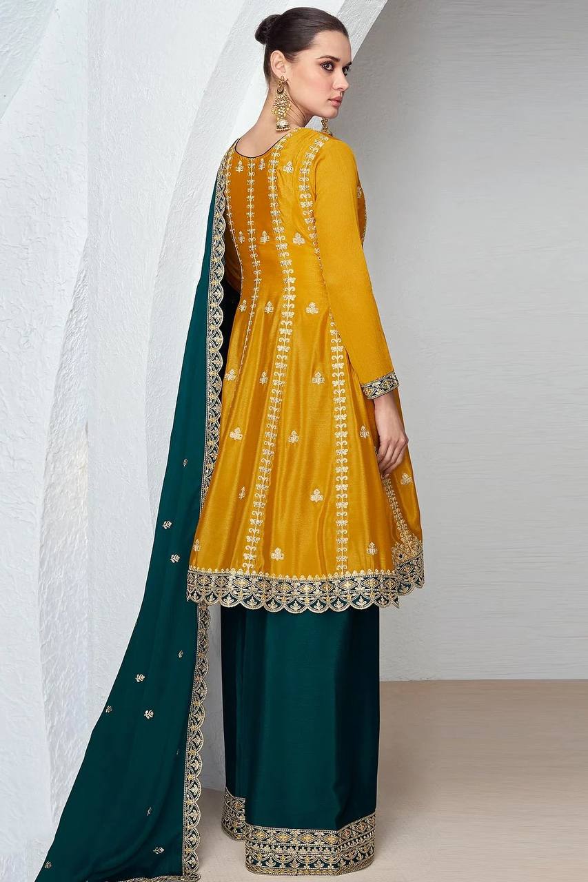 Mustard Elegant Embroidered Chinon Top & Bottom Set with Dupatta