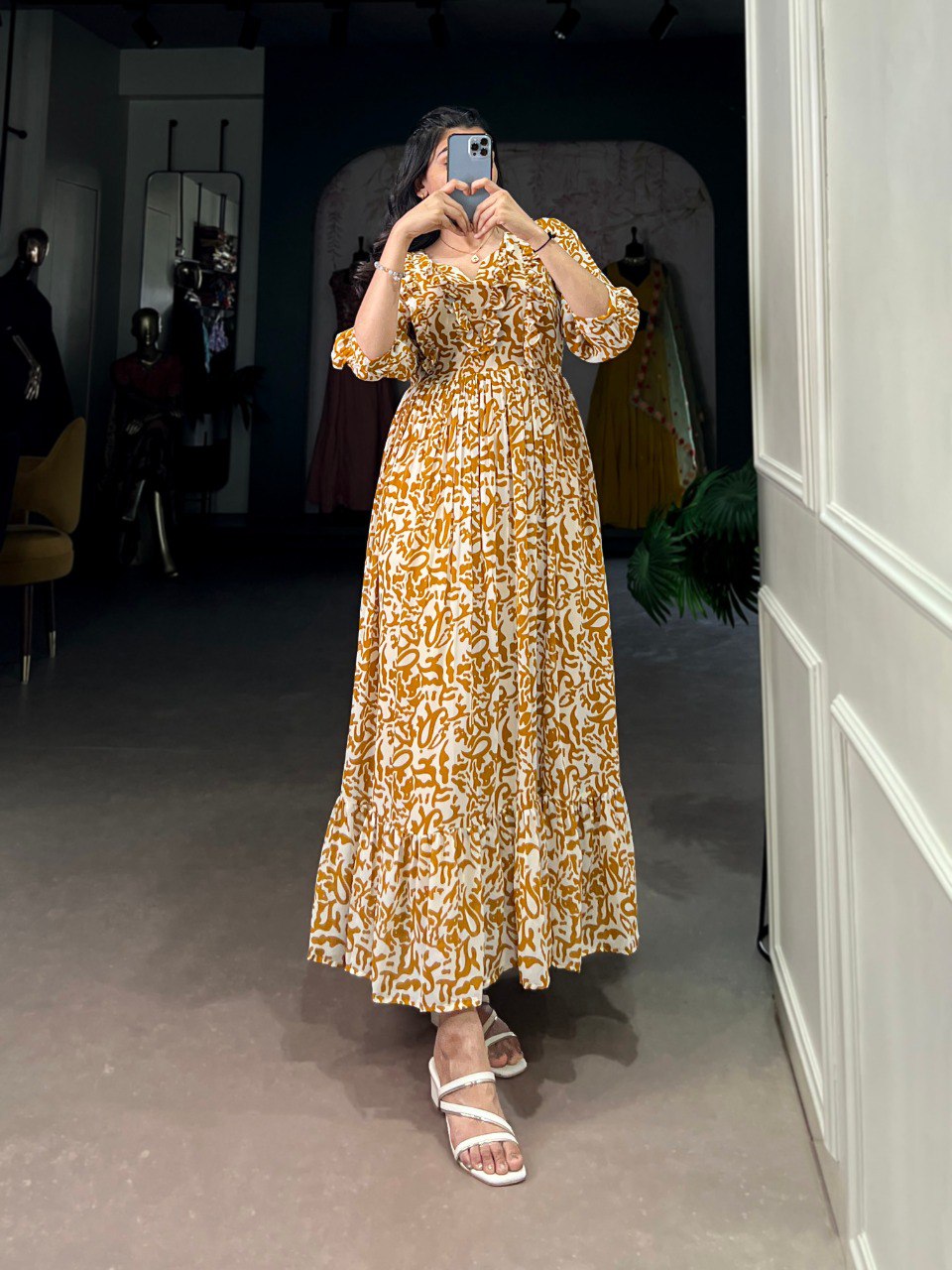 Mustard Elegant Georgette Printed Frock – Stitched & Comfortable