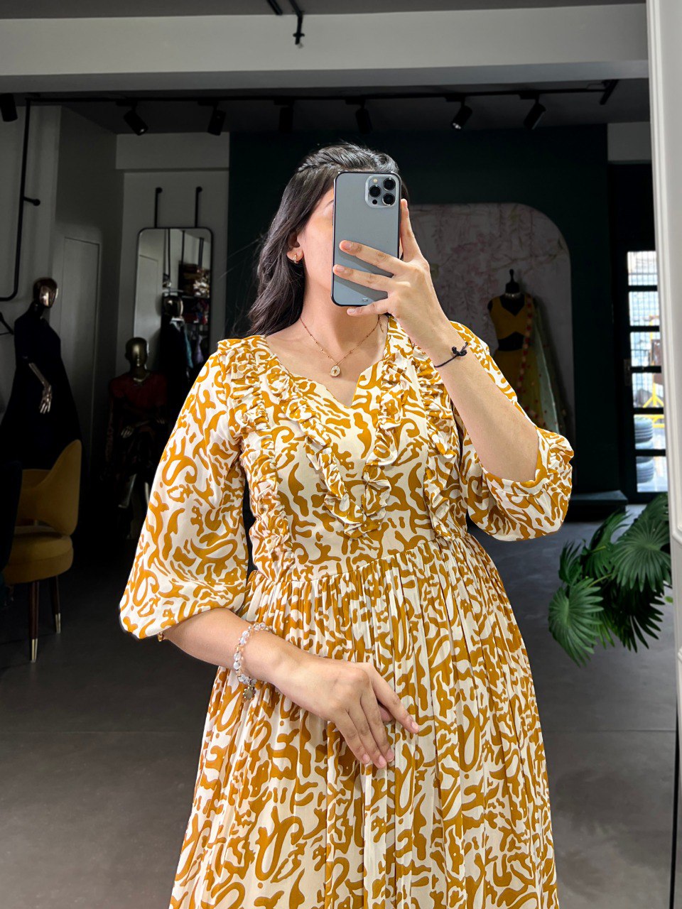 Mustard Elegant Georgette Printed Frock – Stitched & Comfortable