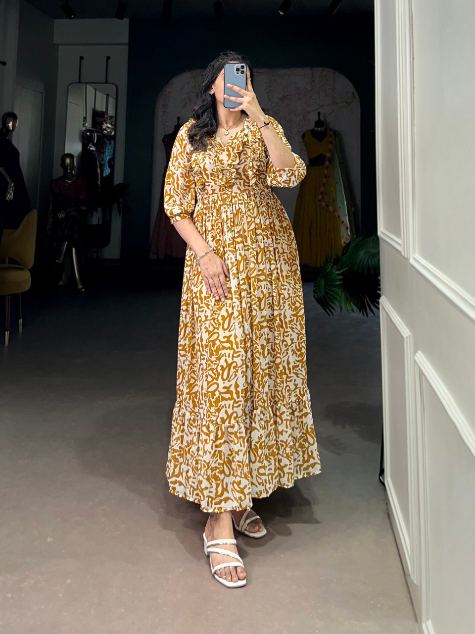 Mustard Elegant Georgette Printed Frock – Stitched & Comfortable