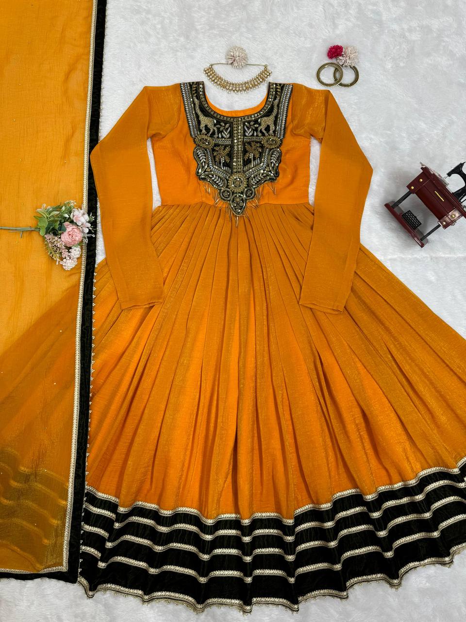 Mustard Elegant Gold Crush Velvet Gown