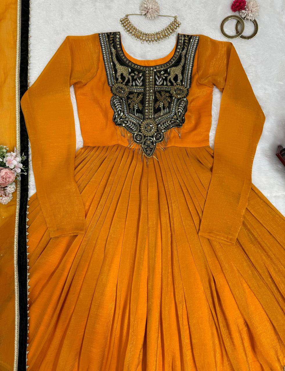 Mustard Elegant Gold Crush Velvet Gown