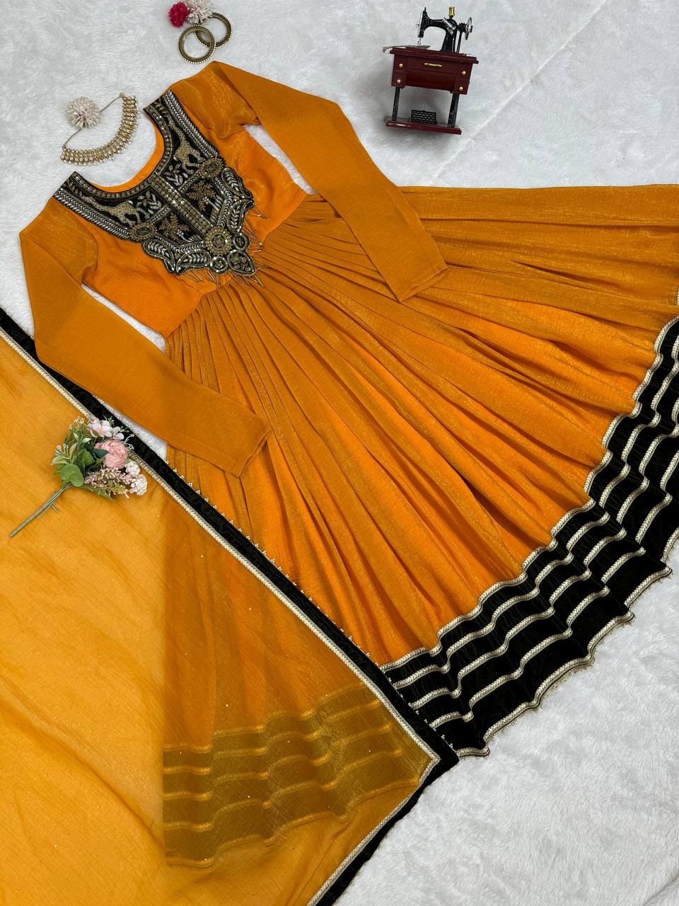 Mustard Elegant Gold Crush Velvet Gown