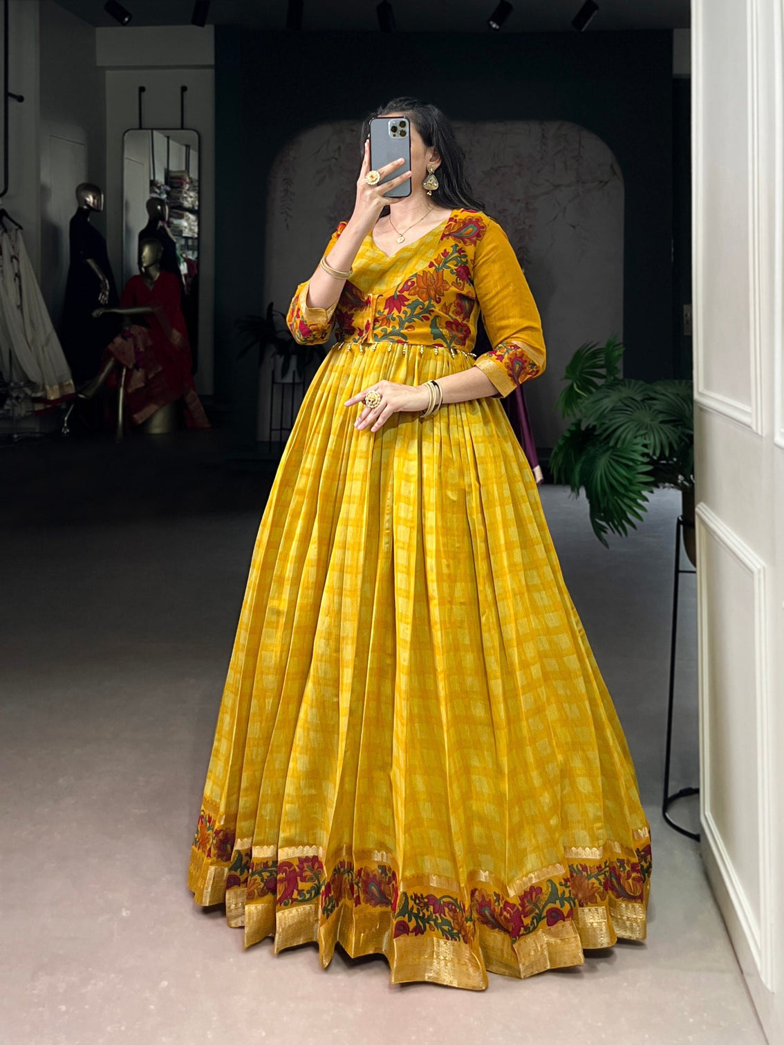 Mustard Elegant Printed Polyester Viscose Chanderi Gown with Zari Weaving and Lace-Touched Koti – Stitched Set