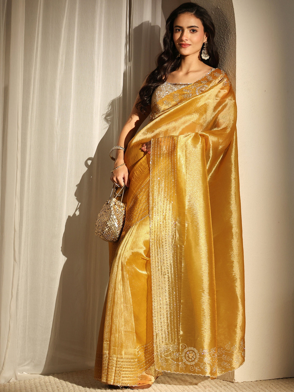 Mameraa Mustard Embellished Border Chiffon Saree With Unstitched Blouse Piece