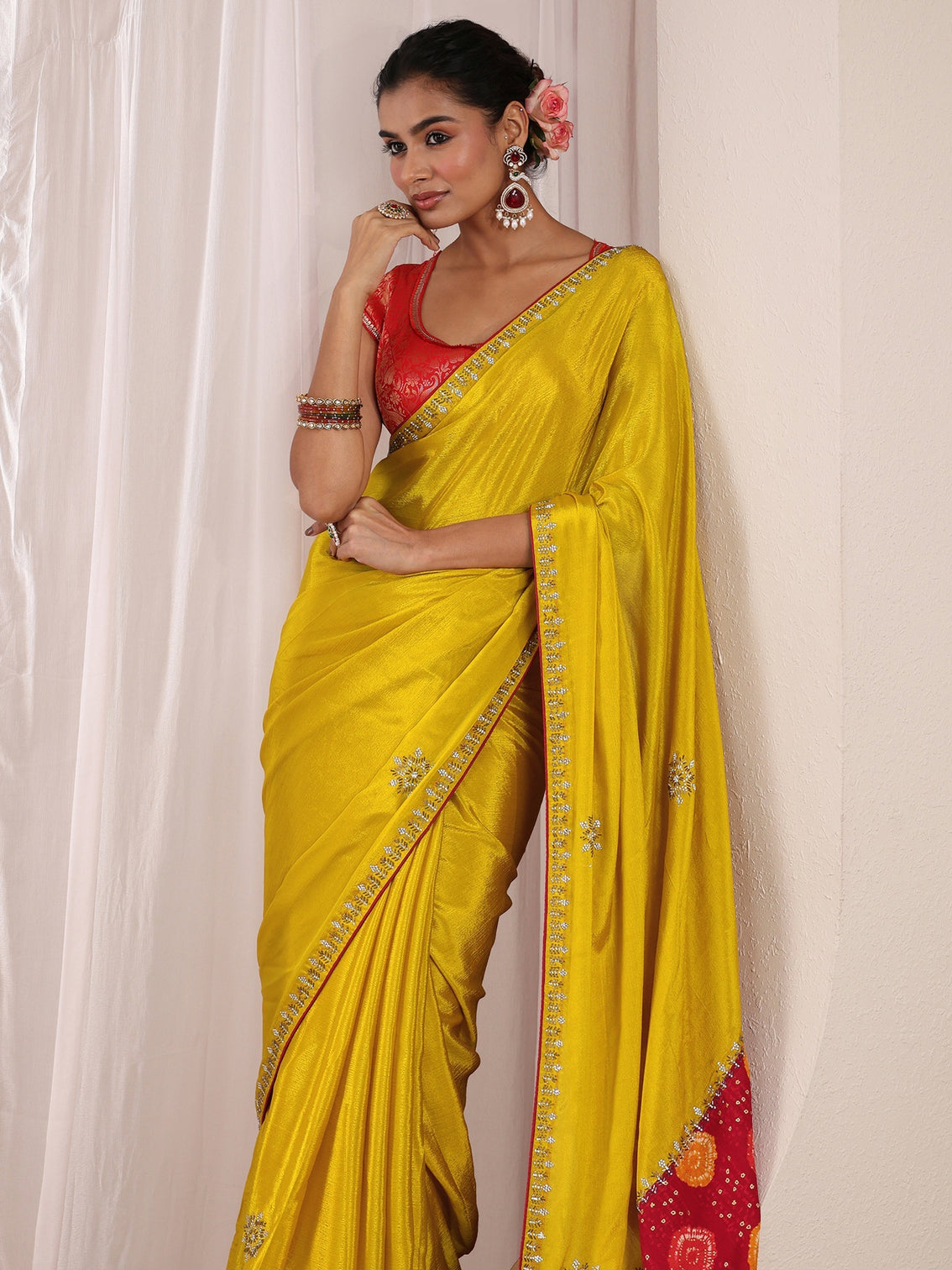 Mameraa Mustard Embellished Chinon Saree With Unstitched Blouse Piece