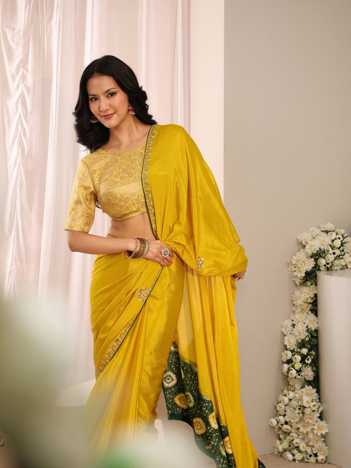 Mameraa Mustard Embellished Chinon Saree With Unstitched Blouse Piece