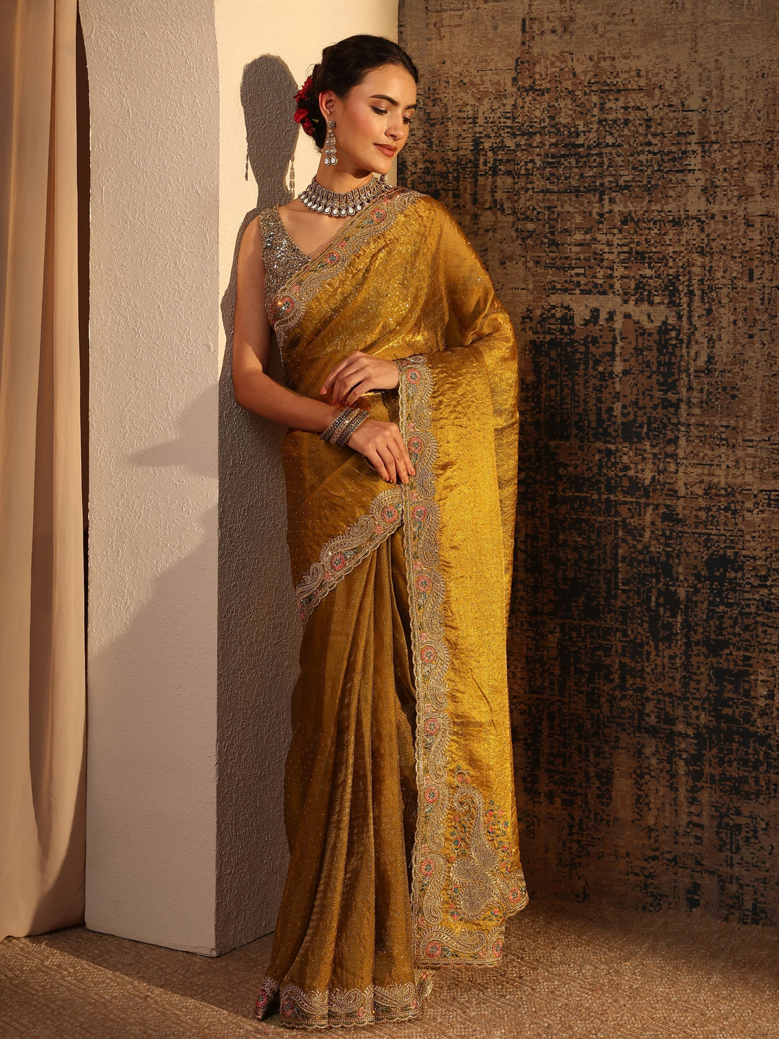 Mameraa Mustard Embellished Tissue Saree With Unstitched Blouse Piece