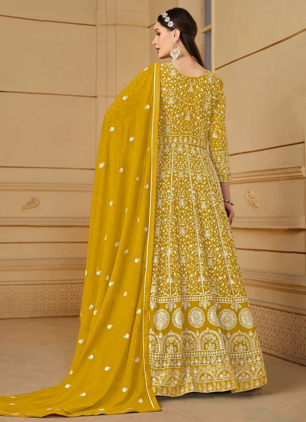 Graceful mustard faux georgette embroidered anarkali suit