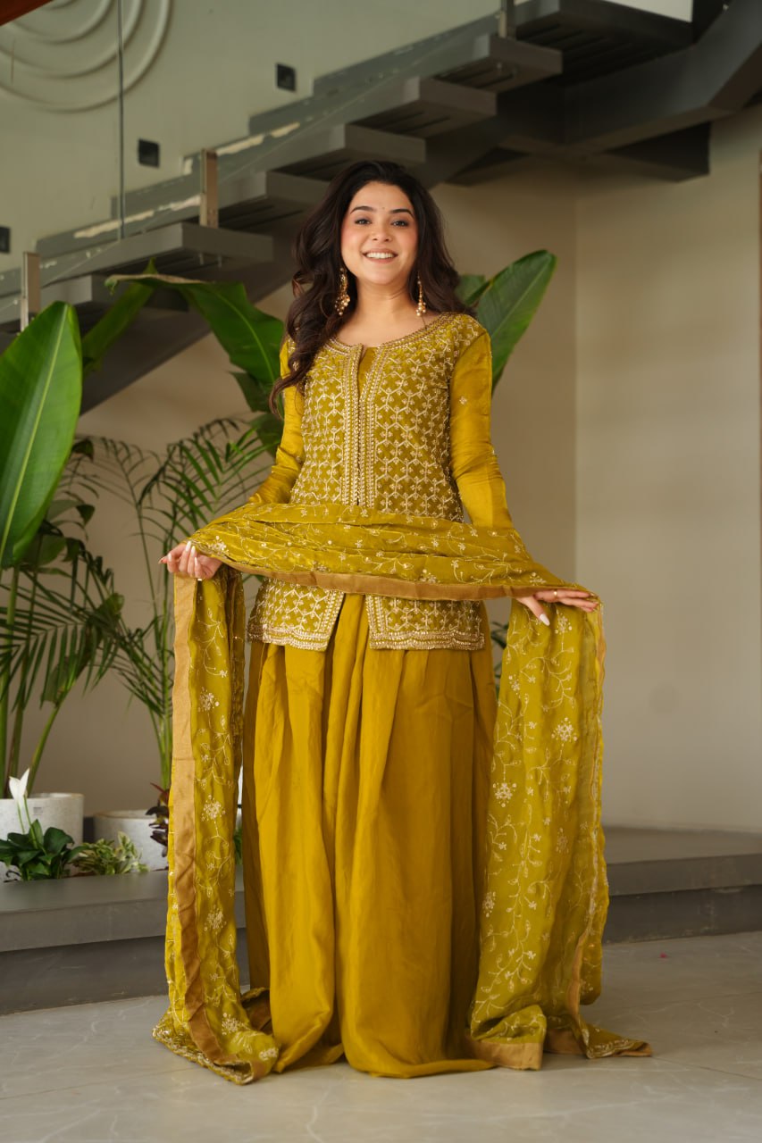 Mustard Fendy Fabric Embroidered Kurti Sharara Set with Sequin Zari Dupatta – Fully Lined & Stitched