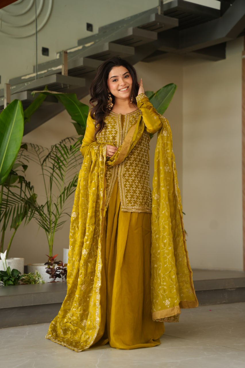 Mustard Fendy Fabric Embroidered Kurti Sharara Set with Sequin Zari Dupatta – Fully Lined & Stitched