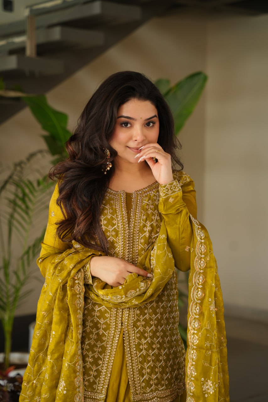 Mustard Fendy Fabric Embroidered Kurti Sharara Set with Sequin Zari Dupatta – Fully Lined & Stitched