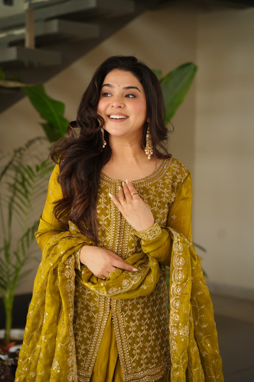 Mustard Fendy Fabric Embroidered Kurti Sharara Set with Sequin Zari Dupatta – Fully Lined & Stitched