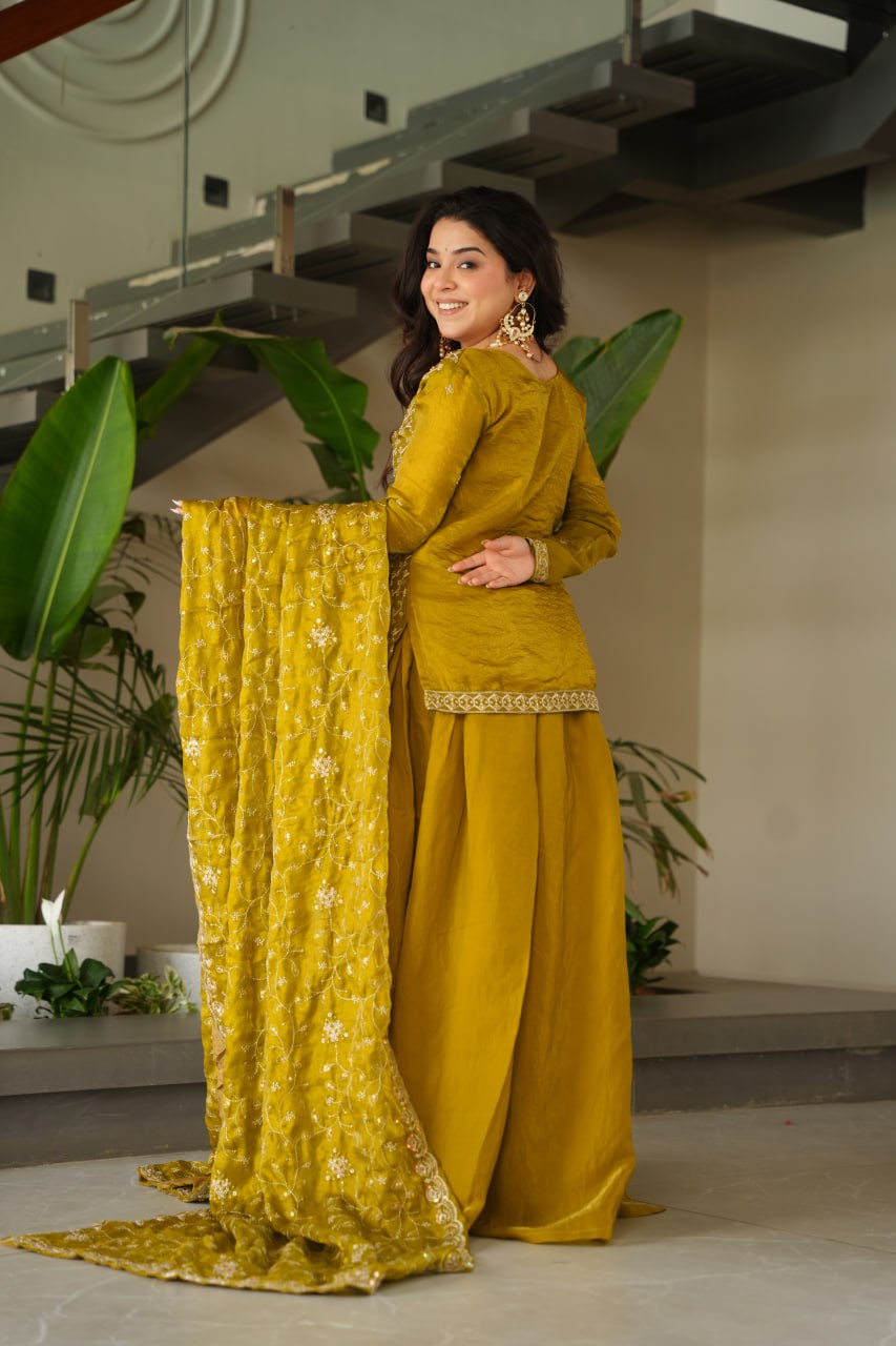 Mustard Fendy Fabric Embroidered Kurti Sharara Set with Sequin Zari Dupatta – Fully Lined & Stitched