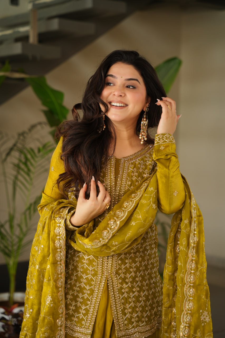 Mustard Fendy Fabric Embroidered Kurti Sharara Set with Sequin Zari Dupatta – Fully Lined & Stitched
