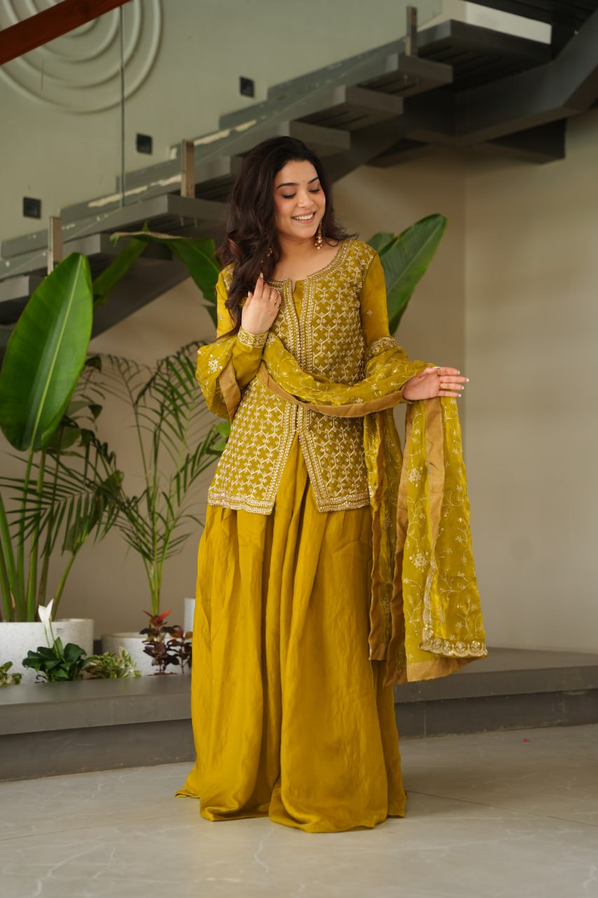 Mustard Fendy Fabric Embroidered Kurti Sharara Set with Sequin Zari Dupatta – Fully Lined & Stitched