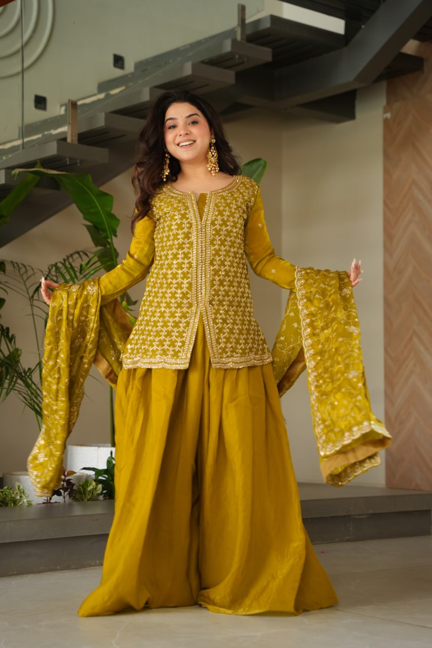 Mustard Fendy Fabric Embroidered Kurti Sharara Set with Sequin Zari Dupatta – Fully Lined & Stitched