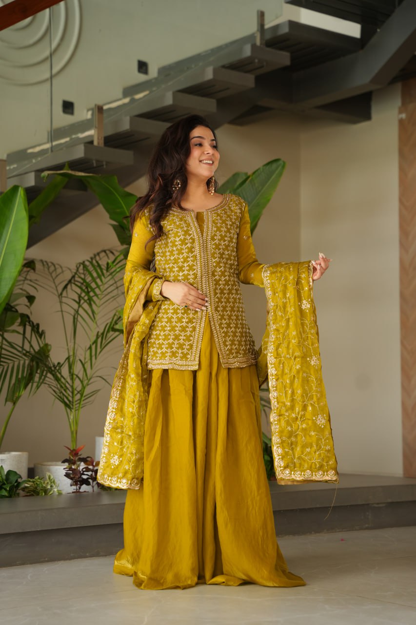 Mustard Fendy Fabric Embroidered Kurti Sharara Set with Sequin Zari Dupatta – Fully Lined & Stitched