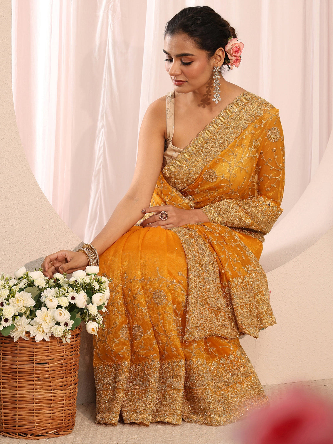 Mameraa Mustard Floral Embellished Net Saree With Unstitched Blouse Piece