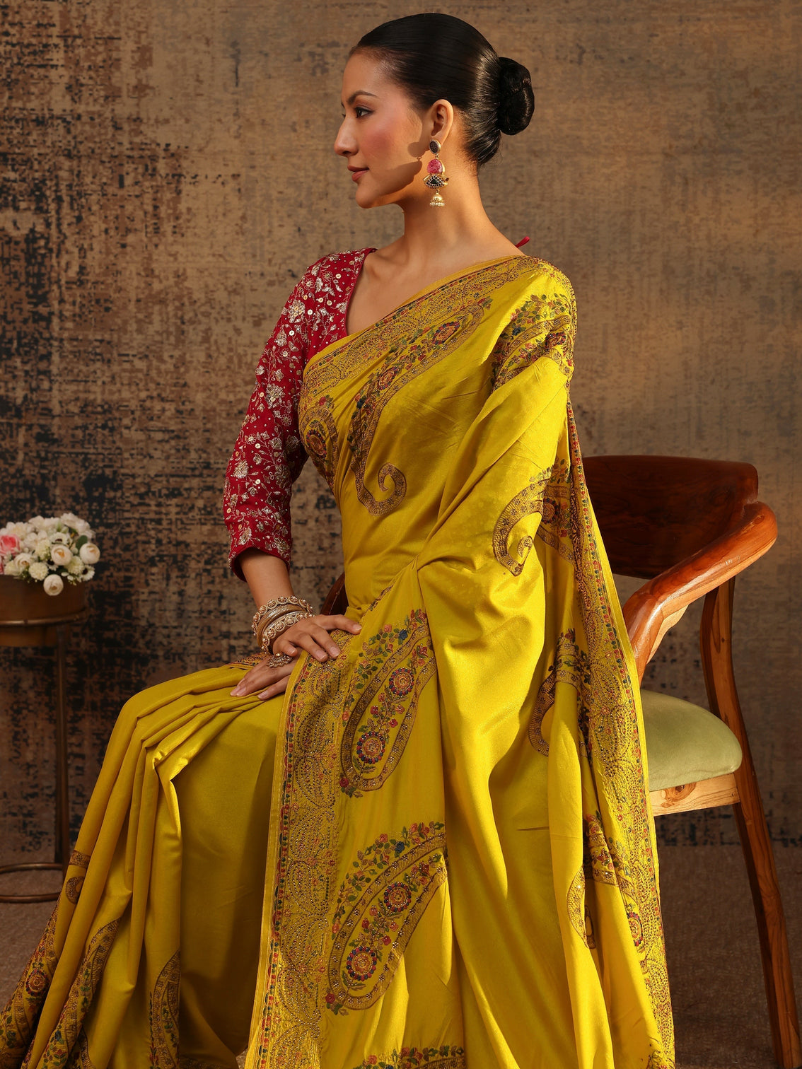 Mameraa Mustard Floral Embroidered Satin Saree With Unstitched Blouse Piece