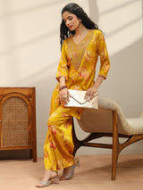Libas Mustard Floral Print Silk Blend Co-Ord Set
