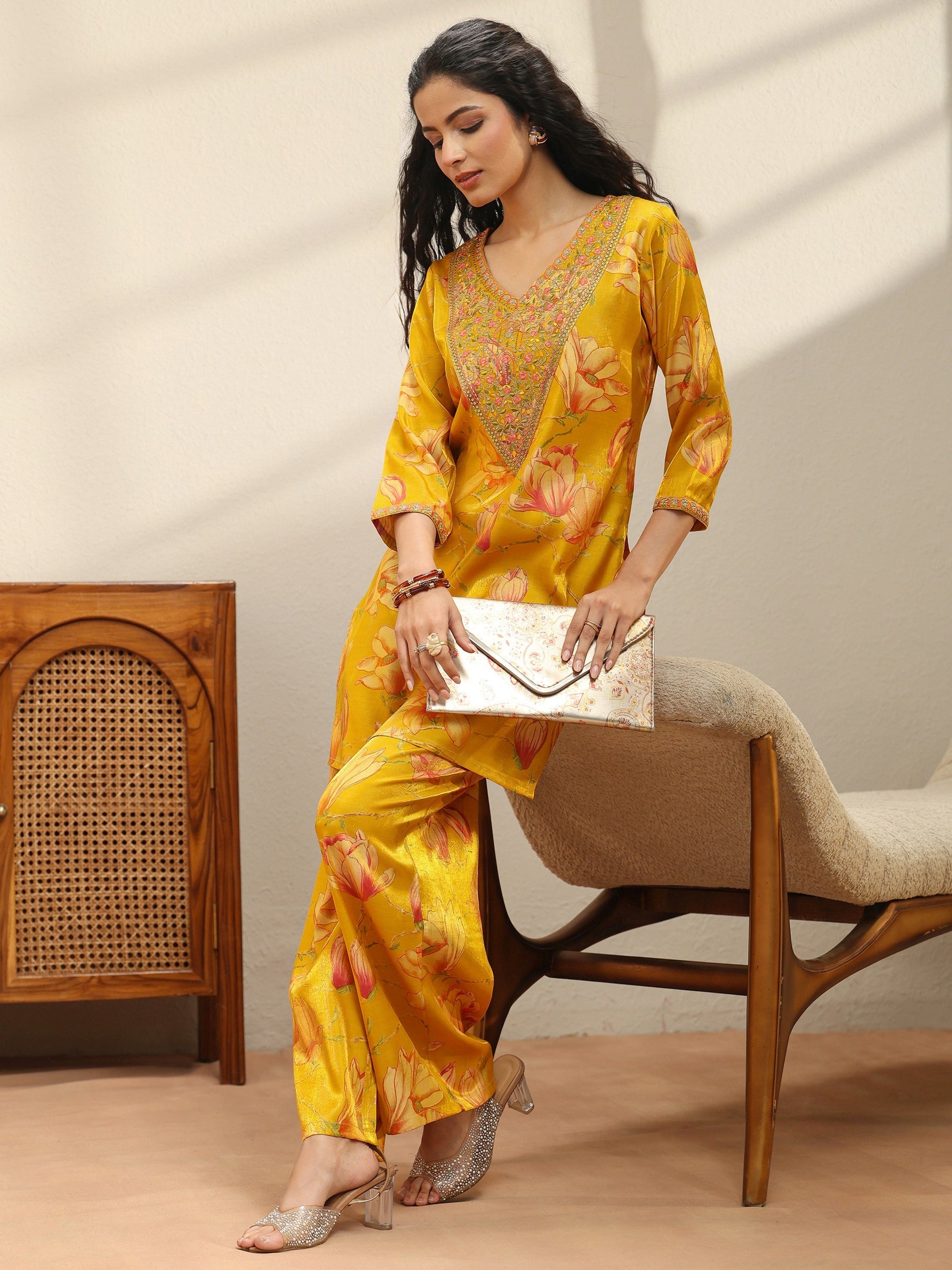 Libas Mustard Floral Print Silk Blend Co-Ord Set