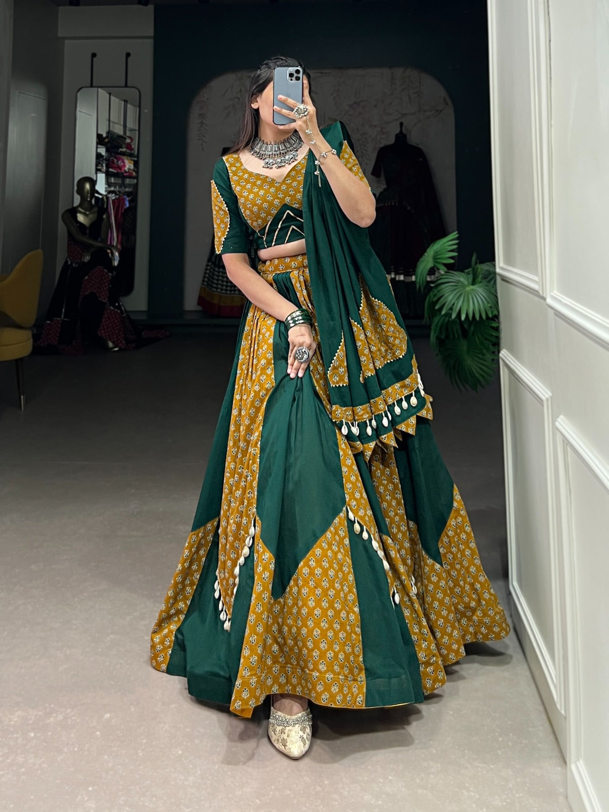 Mustard & Green Cotton Chaniya Choli with Printed Kali & Cowrie Work