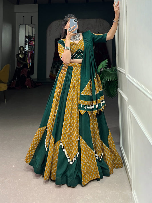 Mustard & Green Cotton Chaniya Choli with Printed Kali & Cowrie Work