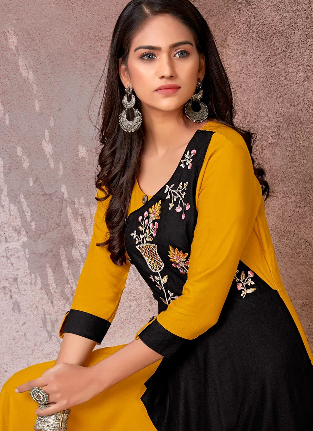 Mustard heavy rayon embroidered anarkali kurti