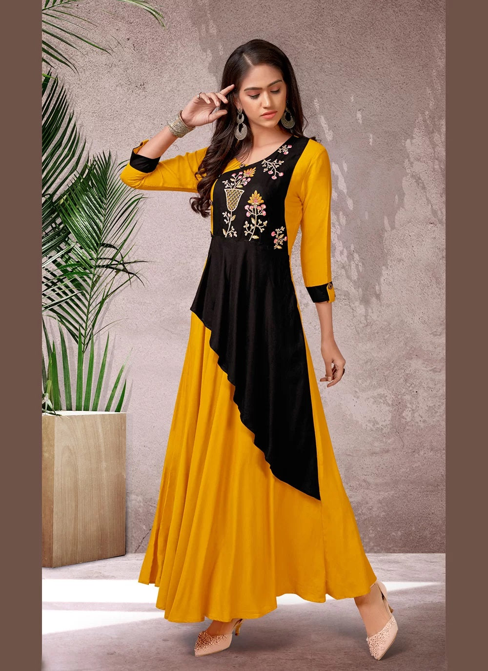 Mustard heavy rayon embroidered anarkali kurti