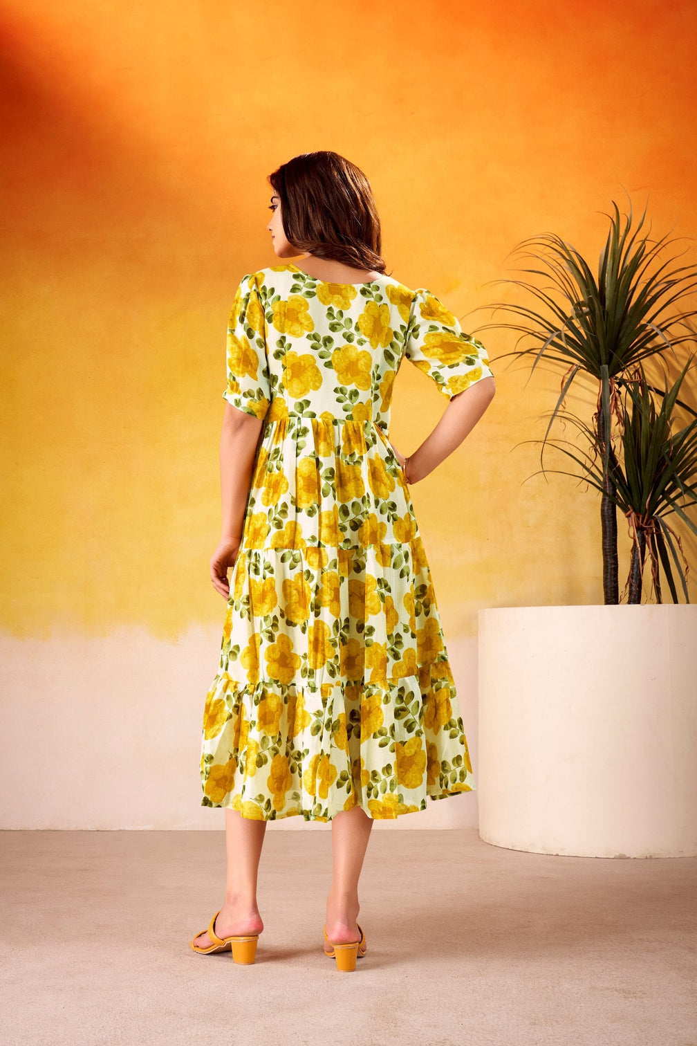 Mustard ichitra Silk Floral Print Frock with 5-Meter Flair