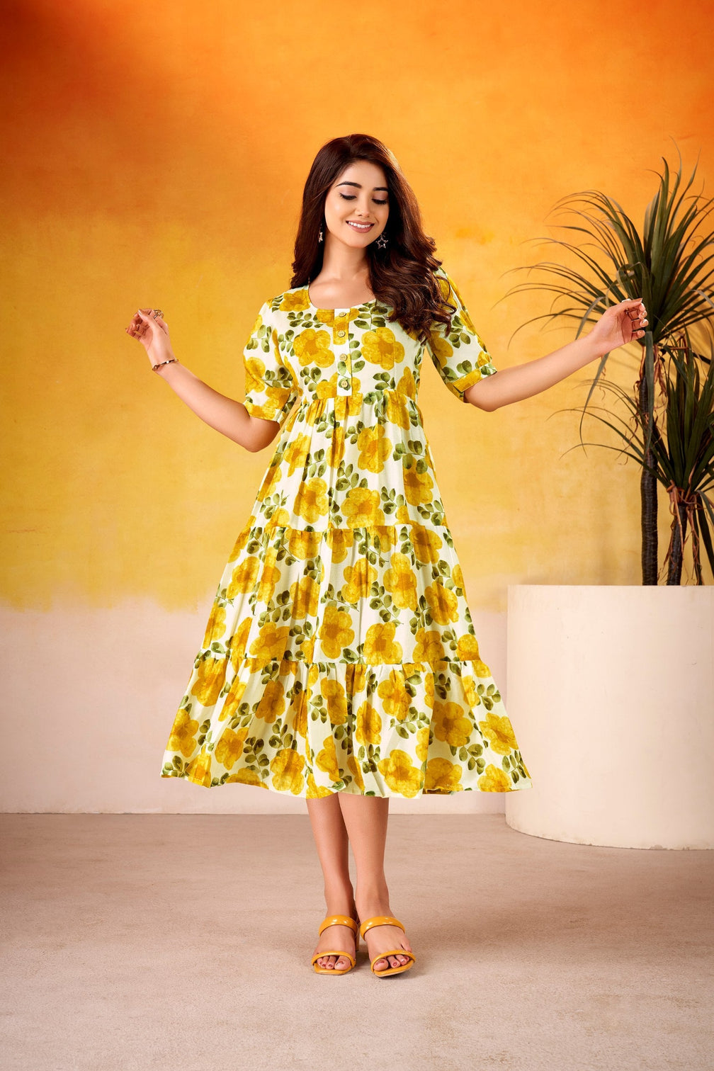 Mustard ichitra Silk Floral Print Frock with 5-Meter Flair