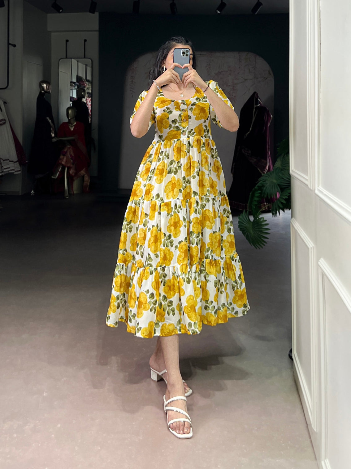 Mustard ichitra Silk Floral Print Frock with 5-Meter Flair