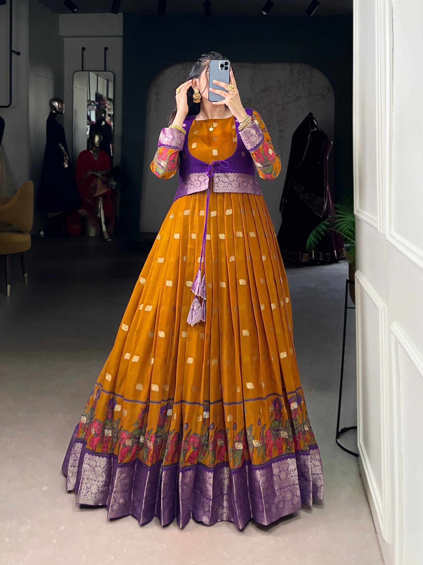 Mustard Kalamkari Printed Poly Cotton Gown with Zari Weaving Koti Set