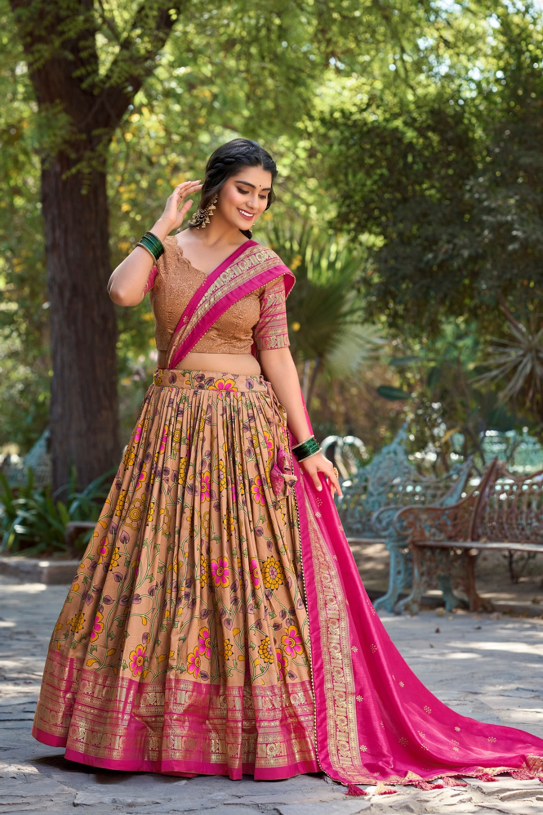 Mustard Kalamkari Tussar Silk Lehenga Choli Set