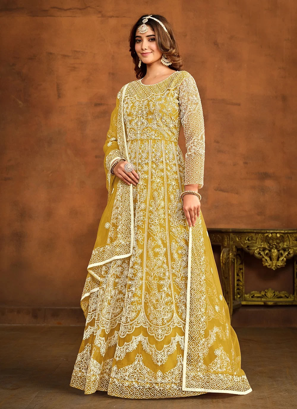Mustard net resham work indian anarkali suit