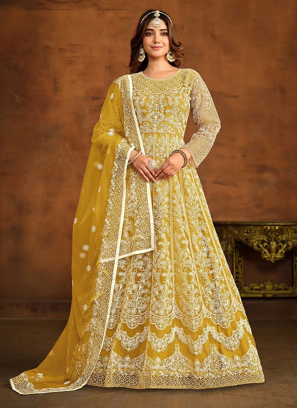 Mustard net resham work indian anarkali suit