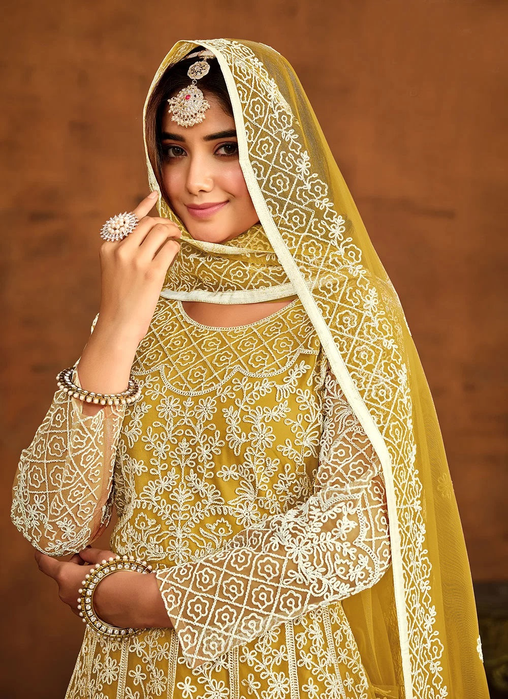 Mustard net resham work indian anarkali suit