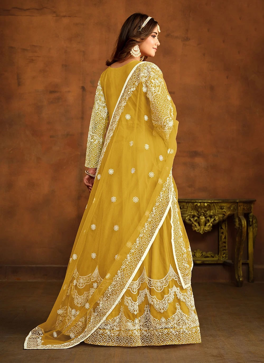Mustard net resham work indian anarkali suit
