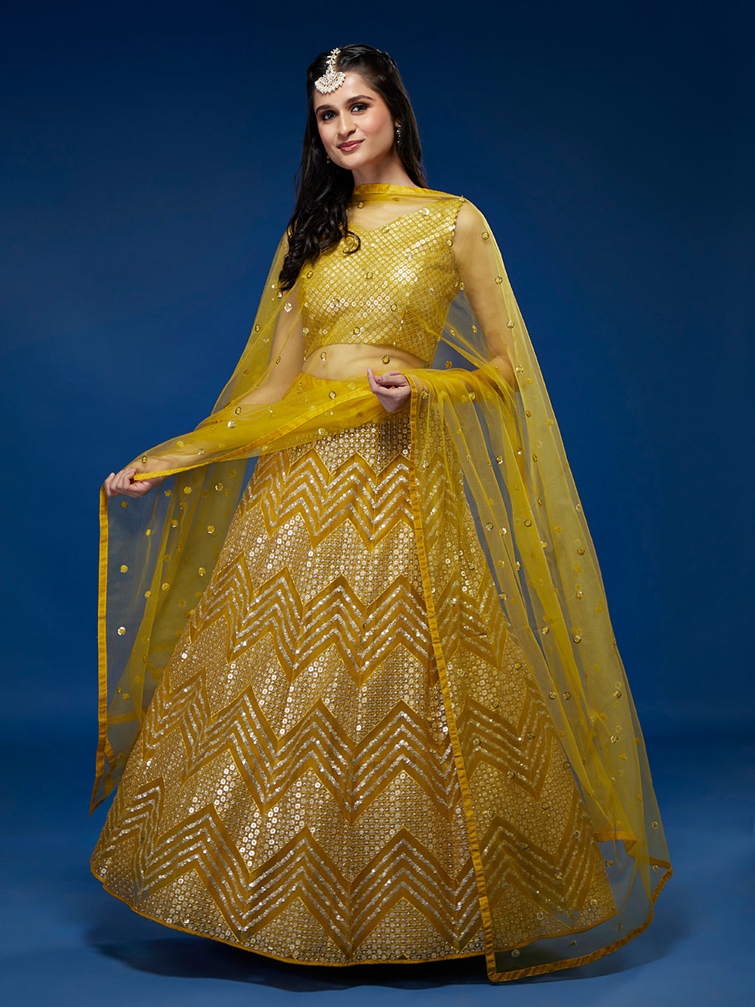 Mustard Net Sequinse Work Semi-Stitched Lehenga & Unstitched Blouse, Dupatta