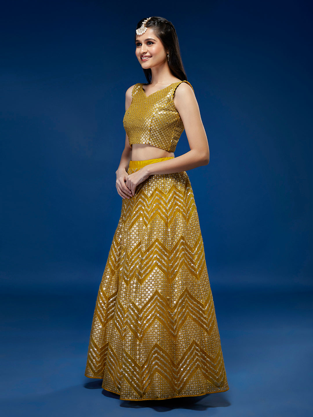 Mustard Net Sequinse Work Semi-Stitched Lehenga & Unstitched Blouse, Dupatta