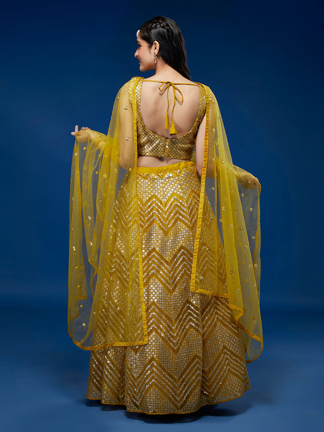 Mustard Net Sequinse Work Semi-Stitched Lehenga & Unstitched Blouse, Dupatta