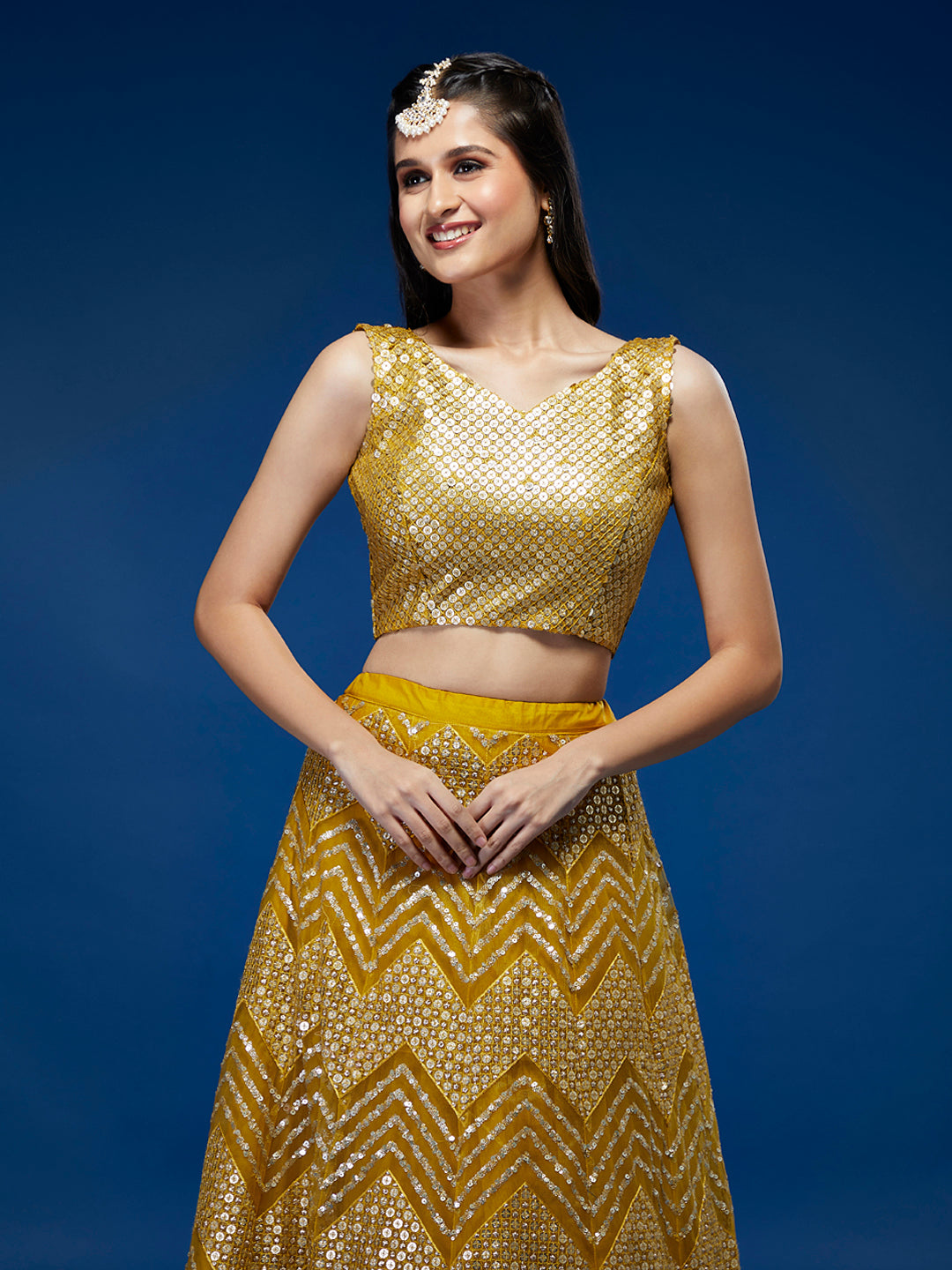 Mustard Net Sequinse Work Semi-Stitched Lehenga & Unstitched Blouse, Dupatta
