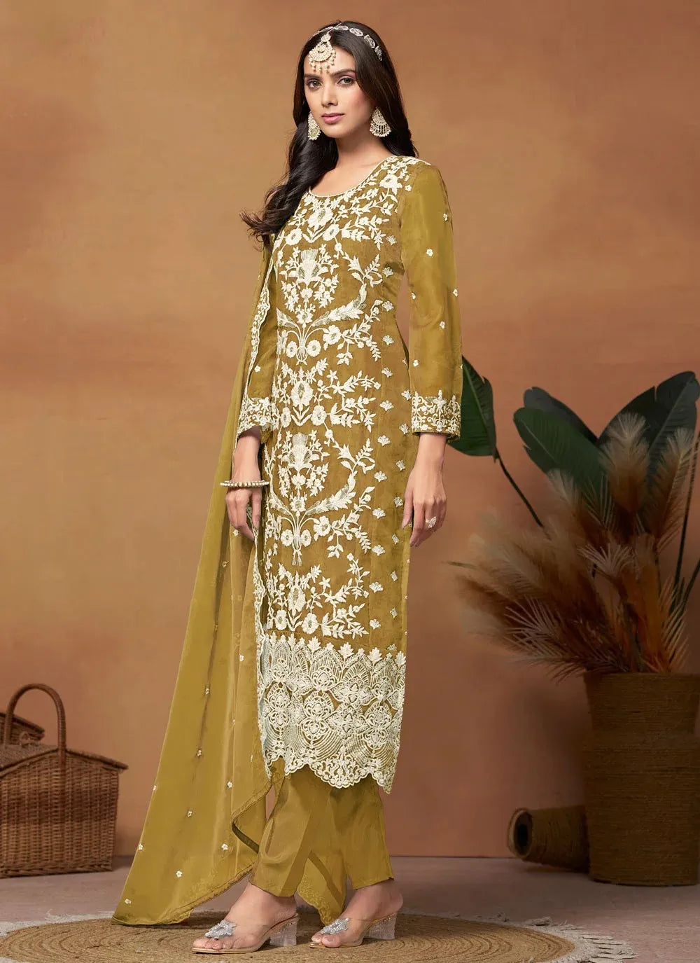 Radiant mustard pakistani plus size suit in organza with embroidery work