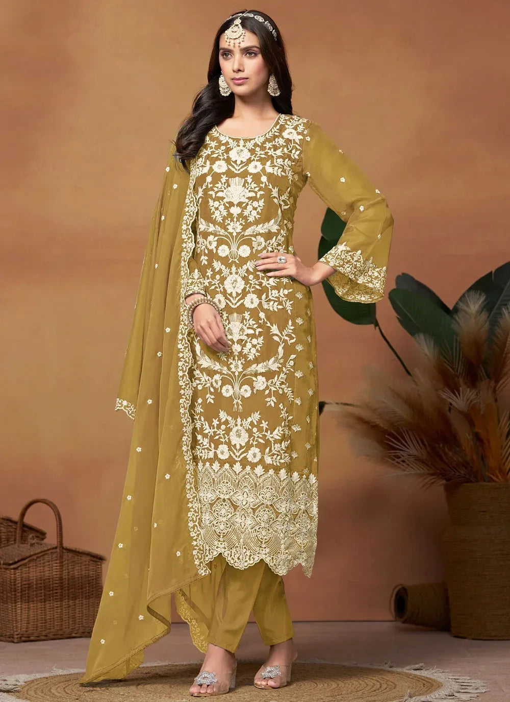 Radiant mustard pakistani plus size suit in organza with embroidery work